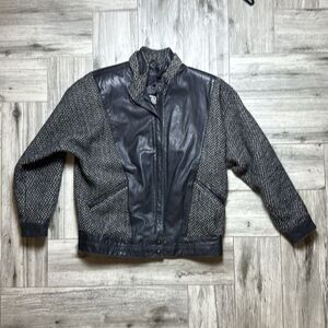 Winlit Women's Gray Leather Wool Blend Mixed Media Full Zip Jacket Size 7-8